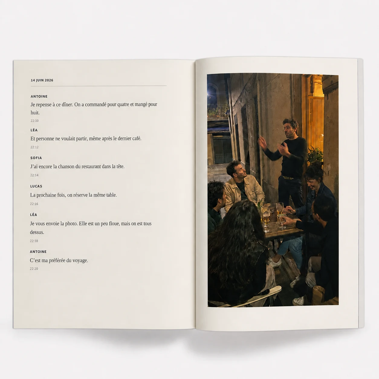 Album souple Papotier en style Éditorial : messages datés et photographie de soirée encadrée