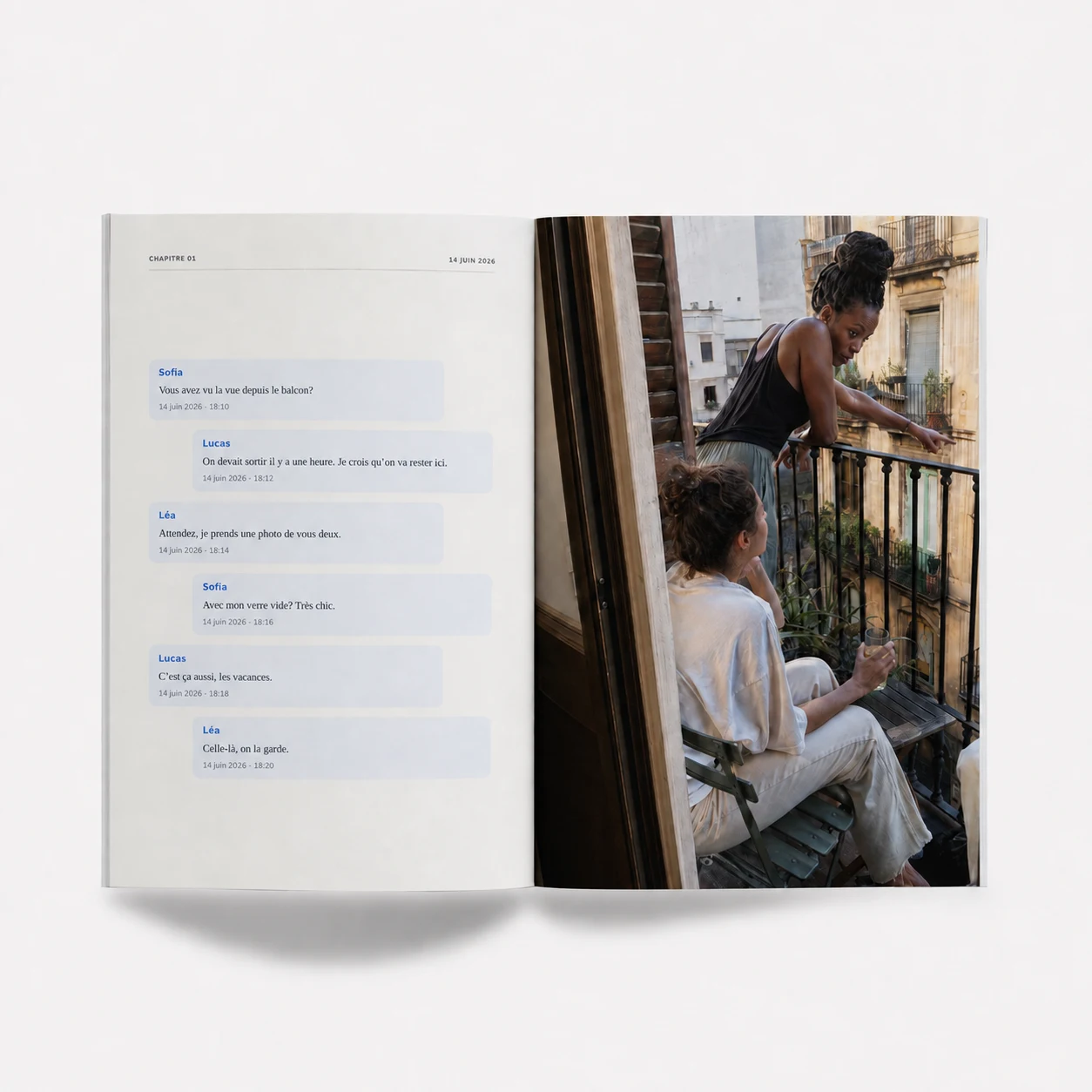 Magazine Papotier en style Dialogue : échanges dans des bulles alternées et photo de balcon